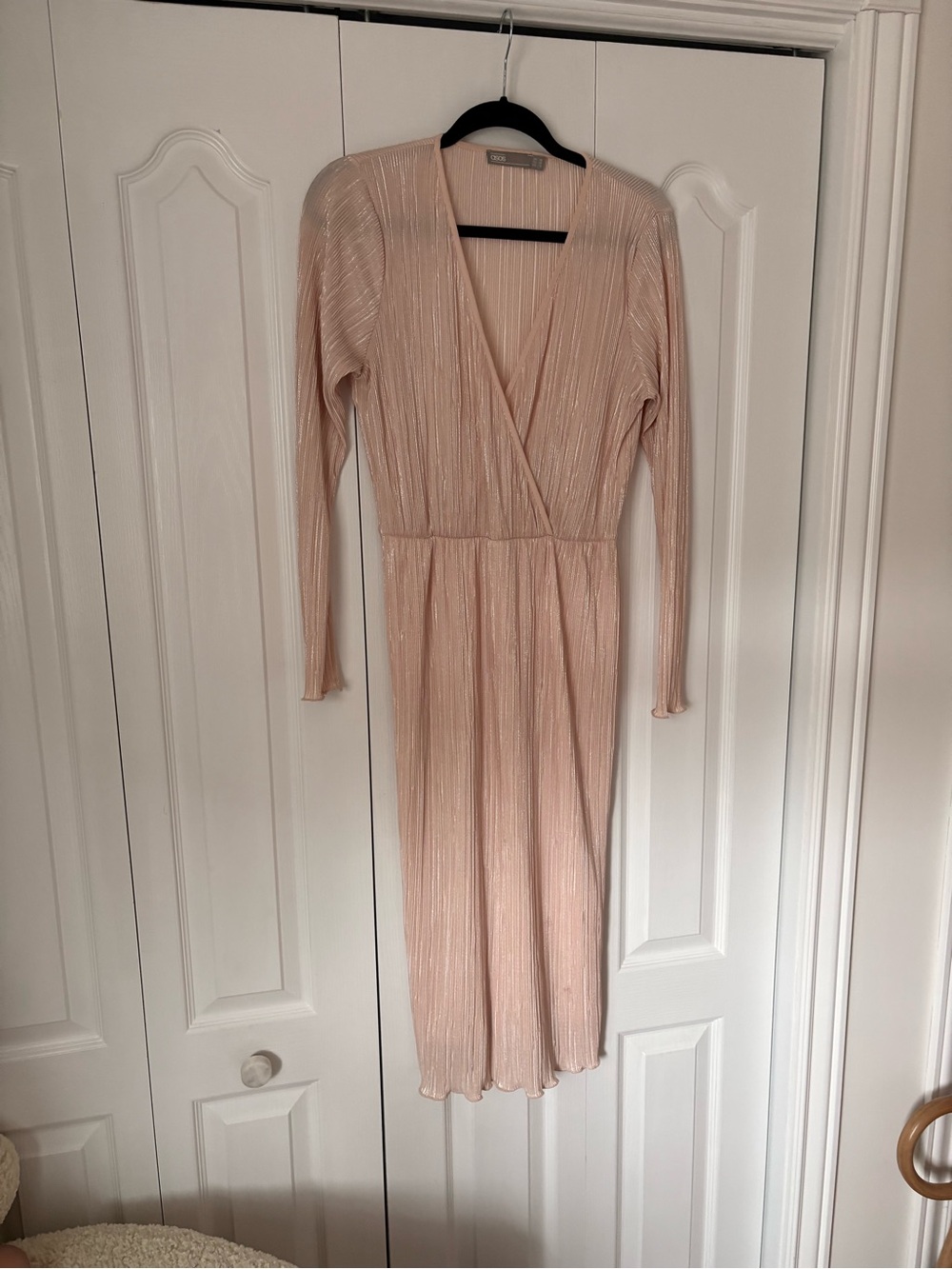 ASOS Metallic Pleated Wrap Midi Dress in Blush